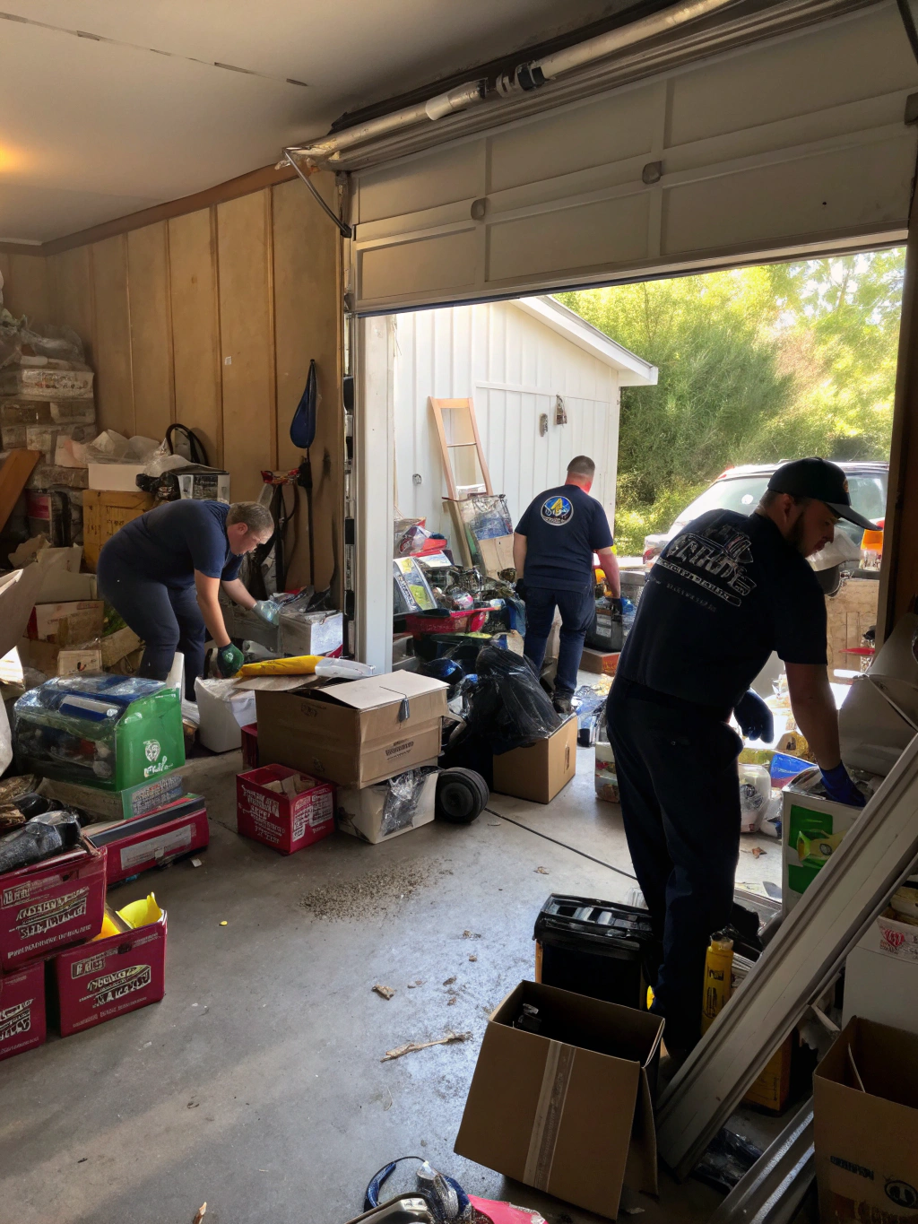 Organized piles of garage items being sorted