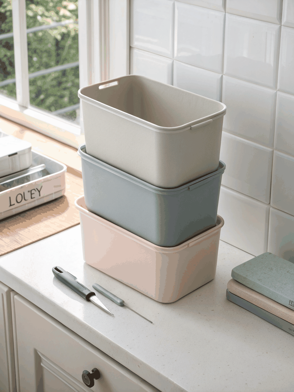Labeled storage bins on garage shelves